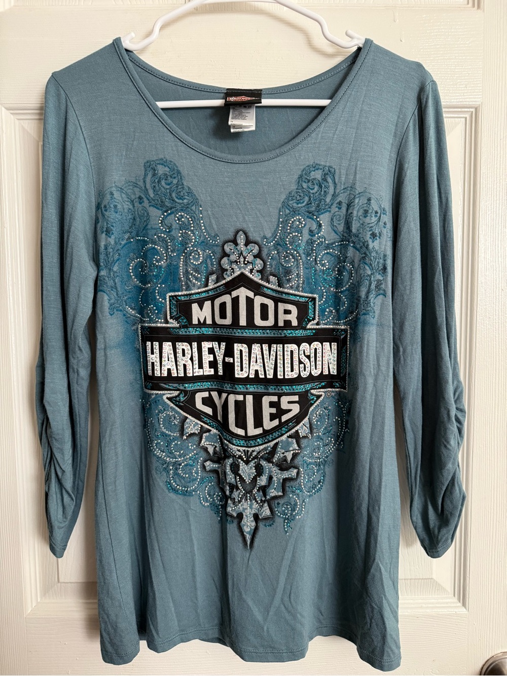Harley-Davidson Teal Long Sleeve Logo Tee with Rhinestone Detail